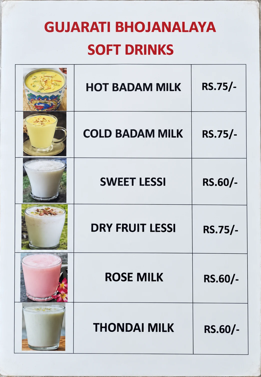 Enhanced official Bhojanalaya drinks menu with prices