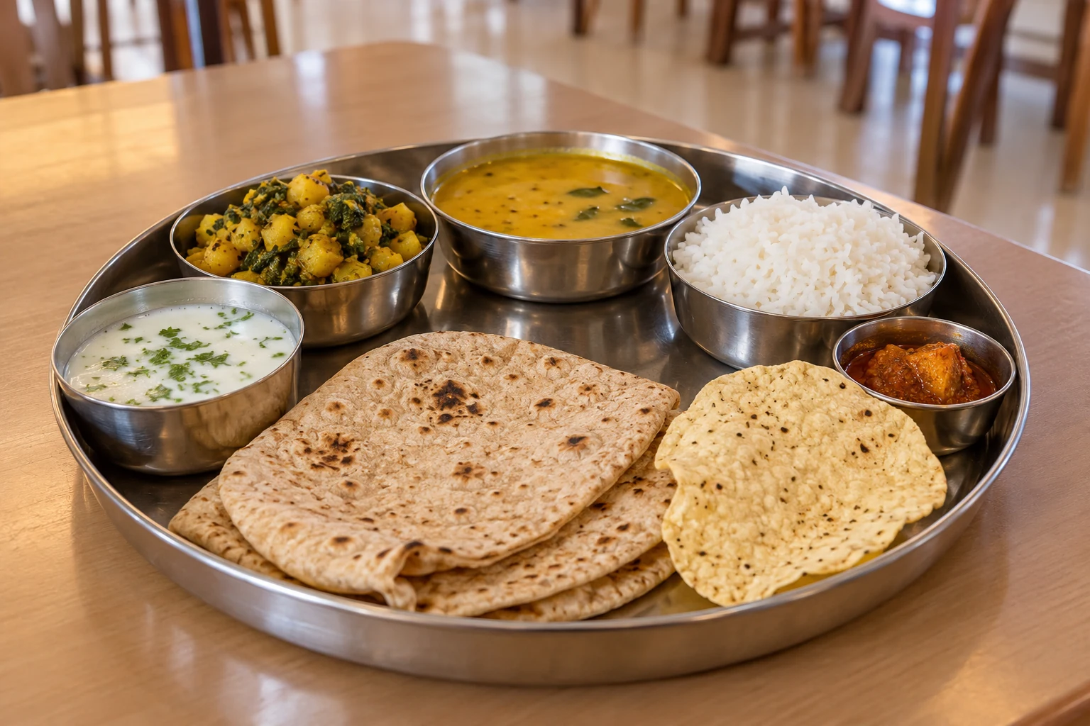 Gujarati vegetarian thali with roti, sabji, dal, rice, papad and buttermilk